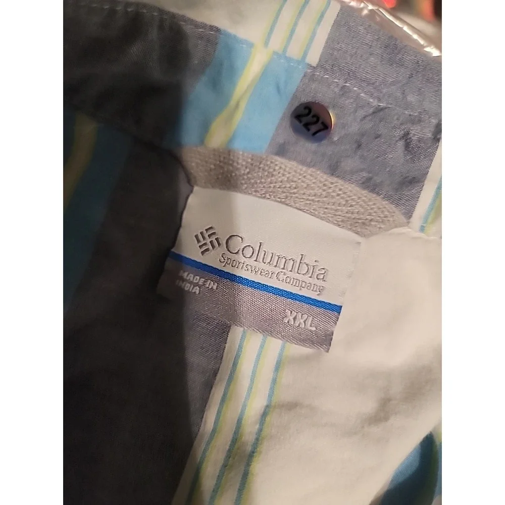 Columbia Mens XXL Blue Striped Short Sleeve Button Down Cotton‎ Shirt RN69724